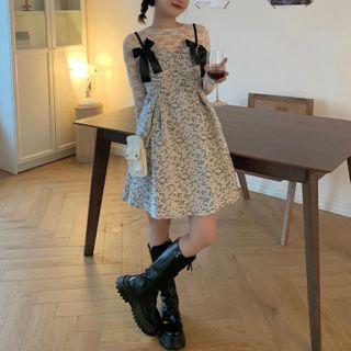 Long-sleeve Plain Lace Top / Tie Accent Floral Pinafore Dress