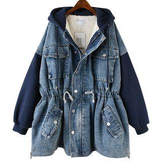 Fleece-lined Buttoned Hooded Denim Jacket As Shown In Figure - One Size