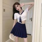 Set: Short-sleeve Mock-tie Crop Top + Pleated A-line Mini Skirt