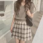 Short-sleeve V-neck Knit Top Gray - One Size