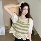 Puff-sleeve Knit Panel Blouse Green & White - One Size