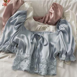 Boatneck Lace-hem Satin Crop Top