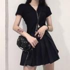Zip Detail Short-sleeve T-shirt / Mini Pleated Skirt / Set