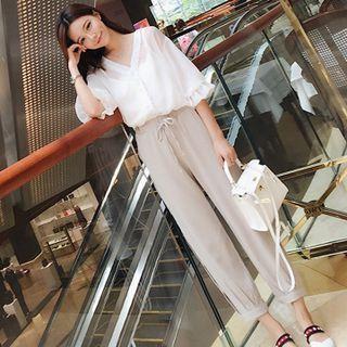 Set: Camisole Top + Puff-sleeve Blouse + Harem Pants