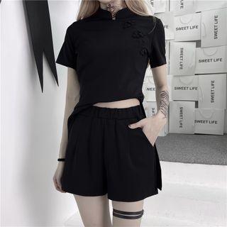Set: Short-sleeve Mandarin Collar Top + Shorts
