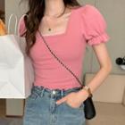 Short-sleeve Square-neck Knit Top Cherry Pink - One Size