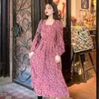 Balloon-sleeve Floral Print Midi A-line Dress Pink - One Size