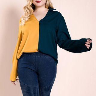 Long-sleeve Two-tone Open-collar Blouse