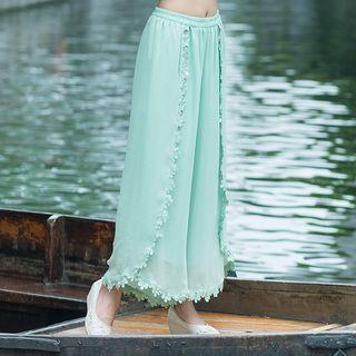 Crochet Trim Chiffon Wide Leg Pants