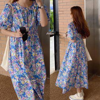 Floral Printed Puff-sleeve Dress Floral - One Size