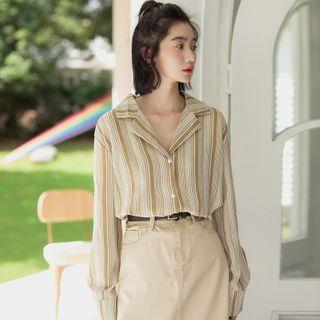Striped Long-sleeve Blouse Stripe - Coffee - One Size
