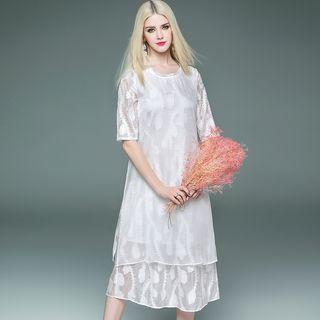 Elbow-sleeve Layered Silk Dress