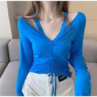 V-neck Long Sleeve Cutout Drawstring Crop Top