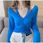 V-neck Long Sleeve Cutout Drawstring Crop Top