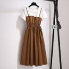 Short-sleeve Round-neck Panel Mock Two-piece Drawstring Dress