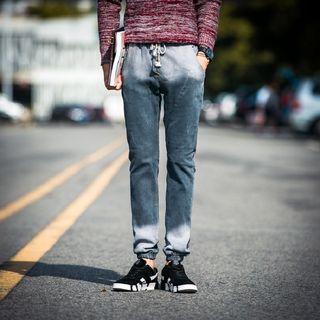 Drawstring Washed Straight Cut Jeans
