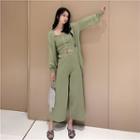 Set: Knit Camisole + Cardigan + Wide Leg Pants Set Of 3 - Green - One Size