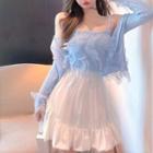 Plain Mini Skirt / Lace Trim Cardigan / Camisole Top