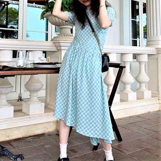 Short-sleeve Plaid Asymmetrical Midi A-line Dress