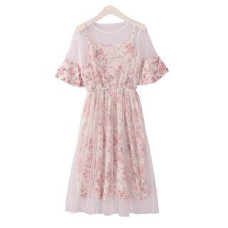 Mock Two-piece Flower Print Short-sleeve A-line Dress