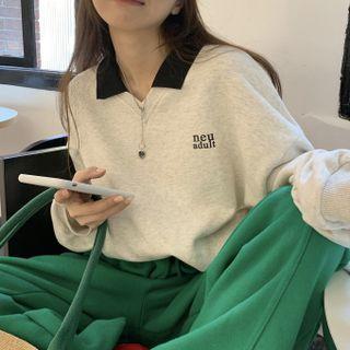 Long-sleeve Polo Collar Lettering Sweatshirt Melange Gray - One Size