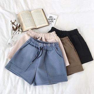 Plain Drawcord Double-pocket Woolen Wide-leg Shorts
