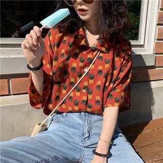 Elbow-sleeve Pineapple Print Shirt As Shown In Figure - One Size