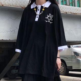 Bear Print 3/4-sleeve Polo Shirt