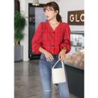 Plus Size Vintage-style Collarless Check Blouse