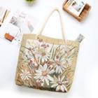 Floral Embroidered Tote Bag Green - L