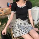 Short-sleeve Square-neck Ruffle Trim Top / Bow Printed Mini Skirt