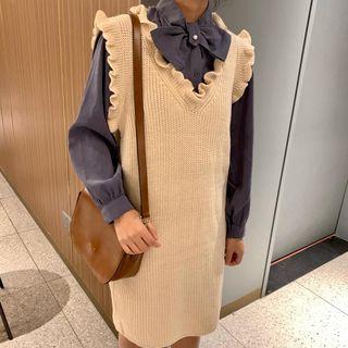 Bow Accent Long Sleeve Blouse / Frilled Trim V-neck Vest