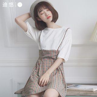 Check Mock Two-piece Short-sleeve A-line Dress