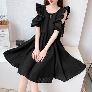 Short-sleeve Ruffle Trim Cold-shoulder Midi Dress