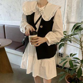 Long-sleeve Frill Trim Wide-collar A-line Dress / Button Vest