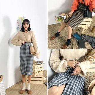 Frill-trim Slit-front Midi Plaid Skirt