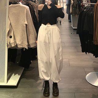 Cold-shoulder Long-sleeve T-shirt / Drawstring Harem Pants