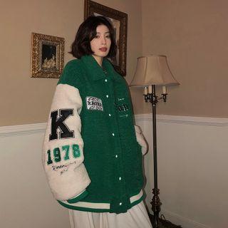 Collared Lettering Fleece Baseball Jacket