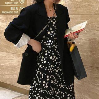 Spaghetti-strap Floral Print Midi A-line Dress / Plain Blazer / Set