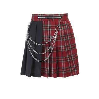 Chained Plaid Pleated Mini A-line Skirt
