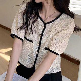 Short-sleeve Contrast Trim Eyelet Lace Blouse