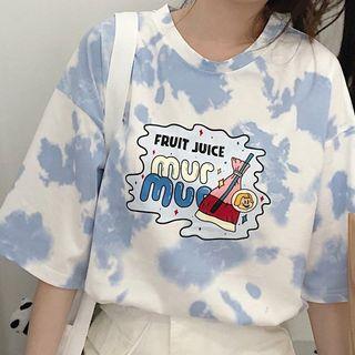 Elbow-sleeve Print Tie Dye T-shirt