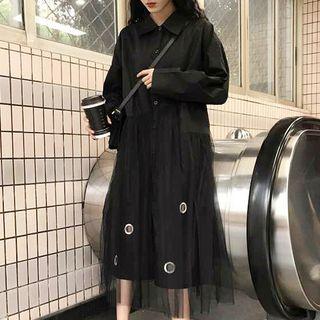 Long-sleeve Sheer Panel Midi Shirt Dress