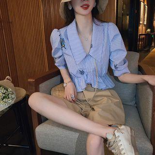 Short-sleeve Embroidered Ruffled Crop Top