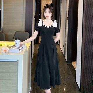 Puff-sleeve Bow Faux Pearl Midi A-line Dress