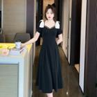 Puff-sleeve Bow Faux Pearl Midi A-line Dress