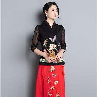 3/4-sleeve Mesh Panel Embroidered Hanfu Top