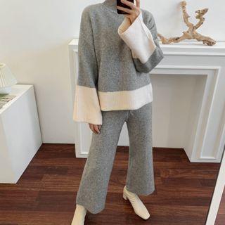 Set: Wide-sleeve Two-tone Sweater + Wide-leg Pants