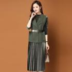 Set: Long-sleeve Accordion Pleat Velvet Dress + Open-front Vest