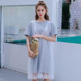 Set: Short-sleeve Long T-shirt + Pinafore Midi Sheer Dress
